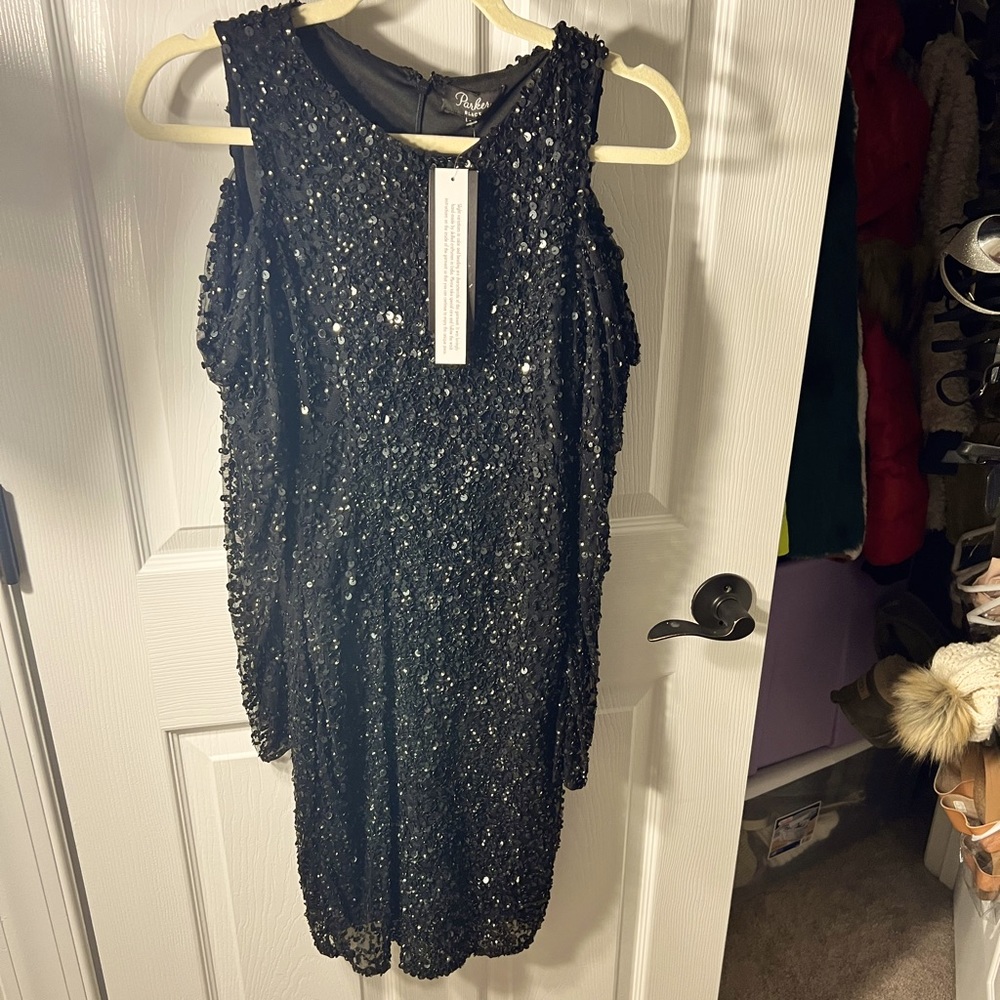 Brand New w/ Tags Parker Black Cold Shoulder Beaded Sequin Black Dress Size 4!